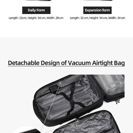 Different capacity options and  features on a Black Mova Elite Pro-Vac vacuum compression travel backpack with a built in compression system, USB charging port, TSA customs combination lock, wheels and telescopic handle