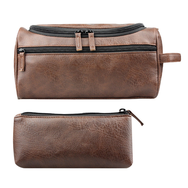 Brown PU leather hanging toiletry organizer bag with cube shape and multiple compartments
