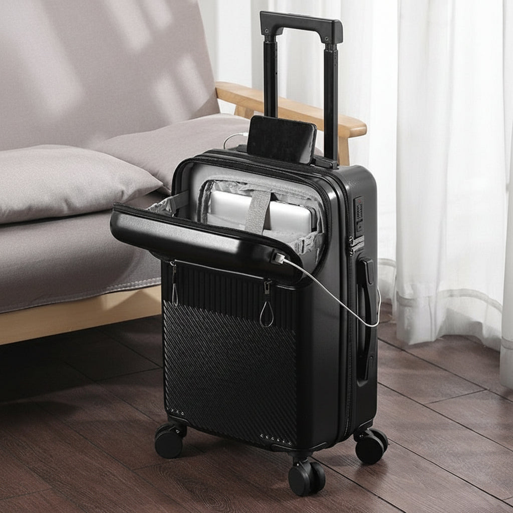 Black Mova Luxe Smart Carry-On with the front laptop compartment open