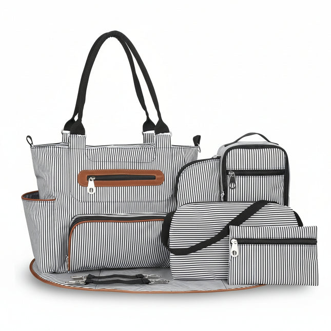 Black and white stripes Mova Mama 6-in-1 convertible diaper tote bag with shoulder straps
