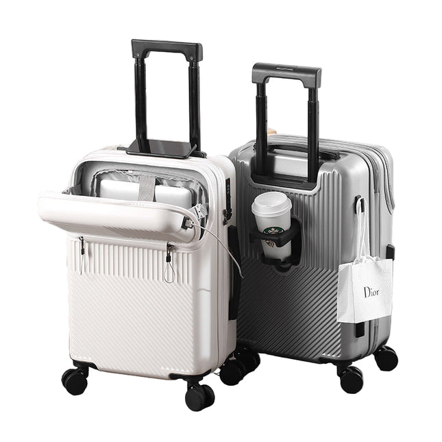 White 20-inch polycarbonate hard shell cabin suitcase with USB port and 360-degree spinner wheels
