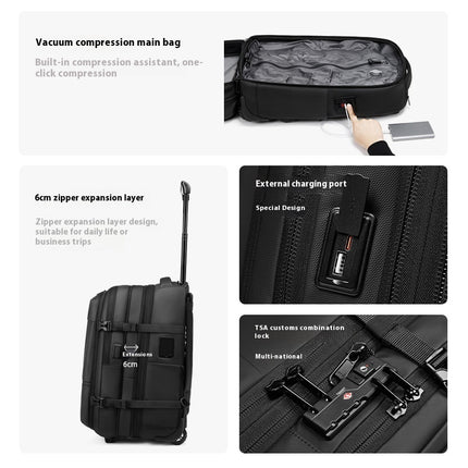 Black Mova Elite Pro-Vac vacuum compression travel backpack with a built in compression system, TSA customs combination lock, USB charging port, wheels and telescopic handle