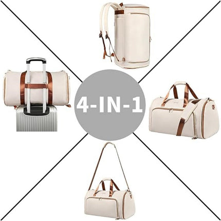 4 different ways of carrying a Beige Mova Lite 4-in-1 convertible travel duffle bag with backpack straps and shoulder strap
