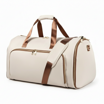 Beige Mova Lite 4-in-1 convertible travel duffle bag with backpack straps and shoulder strap
