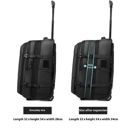 The difference in the space between everyday use and after expansion Black Mova Elite Pro-Vac vacuum compression travel backpack with a built in compression system, USB charging port, TSA customs combination lock, wheels and telescopic handle