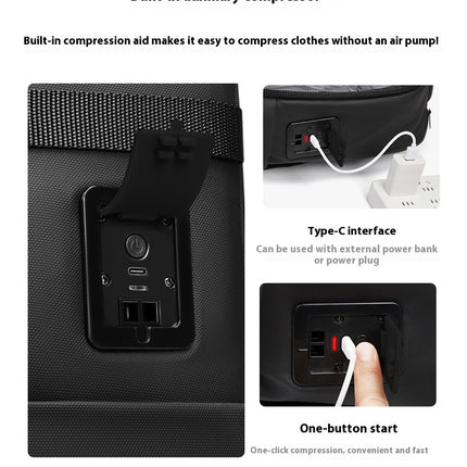 Built-in auxiliary compressor, Type-C interface, and one-button start feature on a Black Mova Elite Pro-Vac vacuum compression travel backpack with a built in compression system, USB charging port, TSA customs combination lock, wheels and telescopic handle
