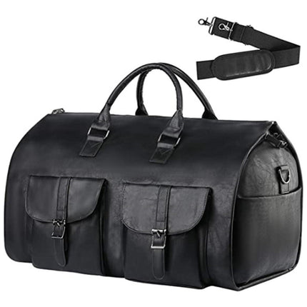 Black PU leather men's travel duffle bag with convertible garment layout, shoe compartment and shoulder strap
