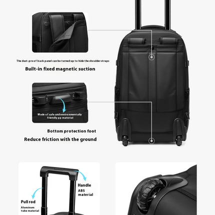 Black Mova Elite Pro-Vac vacuum compression travel backpack with a built in compression system, USB charging port, TSA customs combination lock, wheels and telescopic handle - featuring the trolley mode.