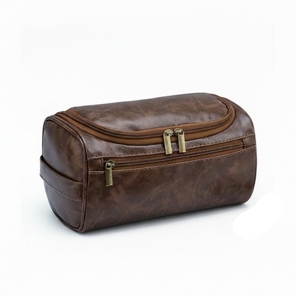 Brown waterproof PU leather men's toiletry organizer bag with zipper closure and large capacity
