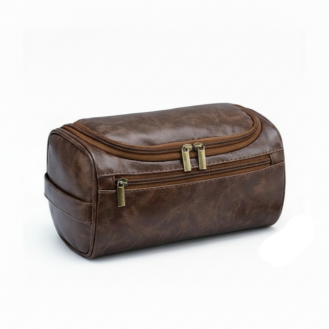 Brown waterproof PU leather men's toiletry organizer bag with zipper closure and large capacity
