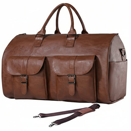 Brown PU leather men's travel duffle bag with convertible garment layout, shoe compartment and shoulder strap