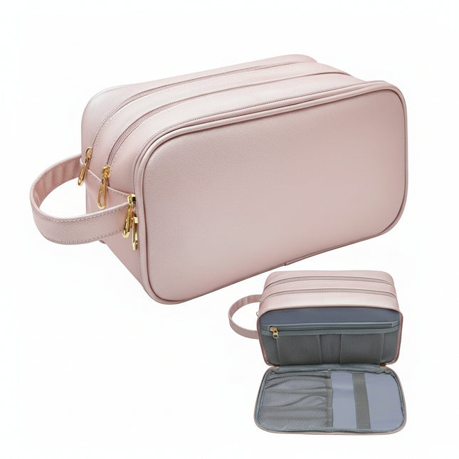 Black waterproof synthetic leather travel cosmetic bag with zipper compartments and soft-surface finish
