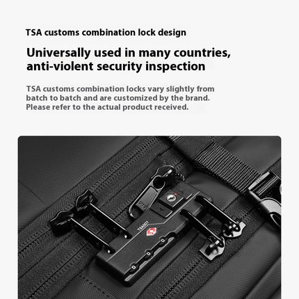TSA customs combination lock on a  black vacuum compression backpack with text about its usage and customization