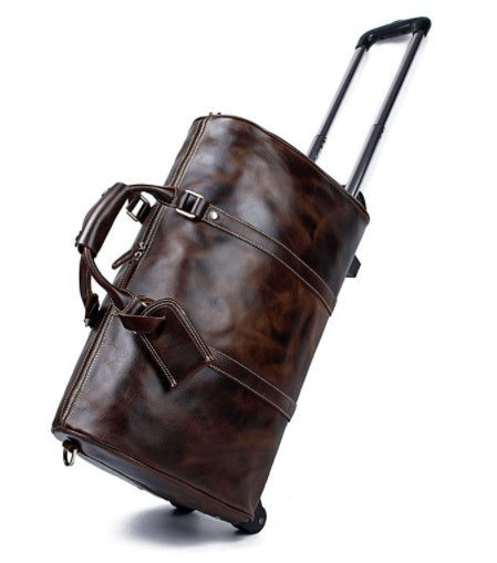 Chocolate brown cowhide leather rolling travel duffle bag with trolley handle and shoulder strap
