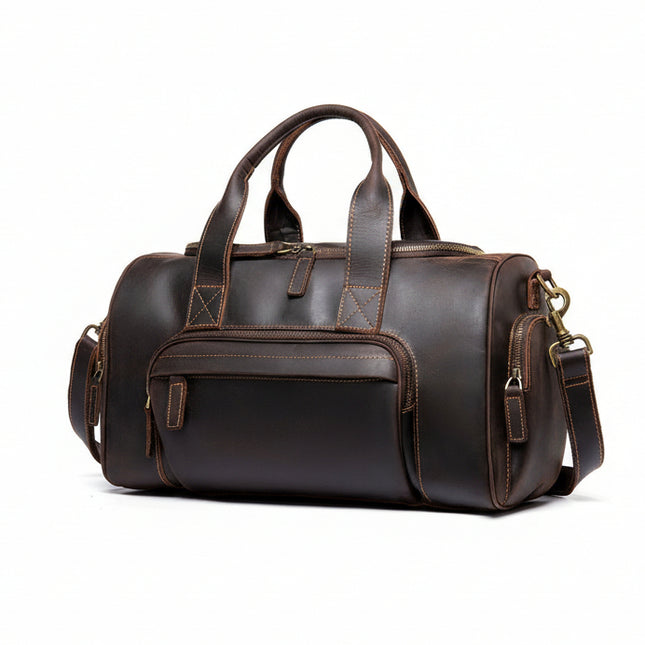 Coffee brown handcrafted retro leather weekender duffle bag with shoulder strap and zipper compartments
