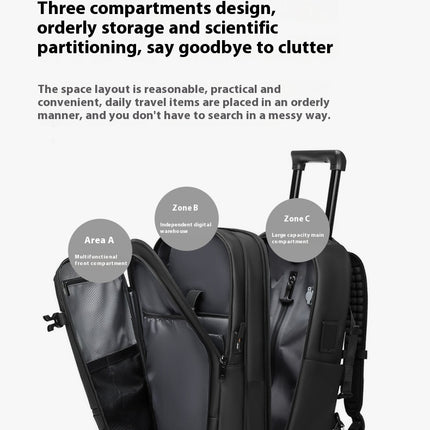 showing 3 compartments on a Black Mova Elite Pro-Vac vacuum compression travel backpack with a built in compression system, USB charging port, TSA customs combination lock, wheels and telescopic handle