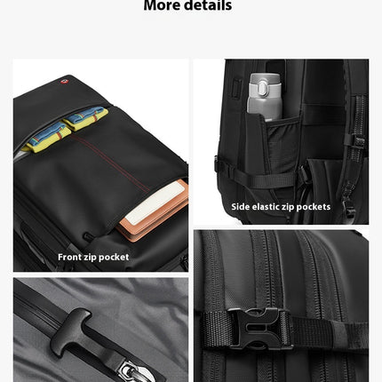 More compartment options on a Black Mova Elite Pro-Vac vacuum compression travel backpack with a built in compression system, USB charging port, TSA customs combination lock, wheels and telescopic handle