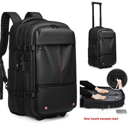 Black Mova Elite Pro-Vac vacuum compression travel backpack with a built in compression system, TSA customs combination lock, wheels and telescopic handle