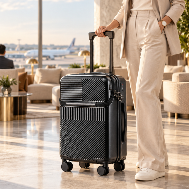 Traveller wheeling the black Mova Luxe Smart Carry-On through a luxury hotel