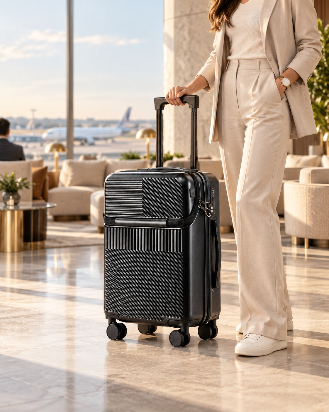 Traveller wheeling the black Mova Luxe Smart Carry-On through a luxury hotel