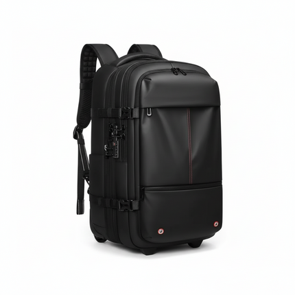 Black Mova Elite Pro-Vac vacuum compression travel backpack with a built in compression system, TSA customs combination lock, wheels and telescopic handle