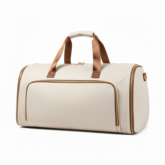 Beige Mova Lite 4-in-1 convertible travel duffle bag with backpack straps and shoulder strap
