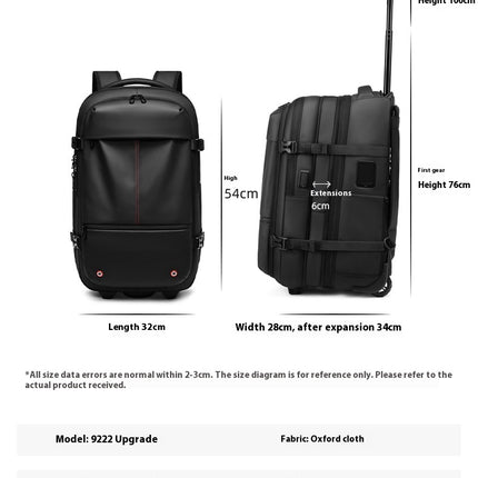 Product information about a Black Mova Elite Pro-Vac vacuum compression travel backpack with a built in compression system, USB charging port, TSA customs combination lock, wheels and telescopic handle