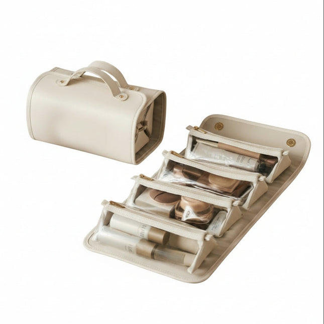 Modular 4-piece cosmetic organizer with removable bags. PU leather, water-resistant, foldable design. 370g. Perfect for travel, makeup & home organization.
