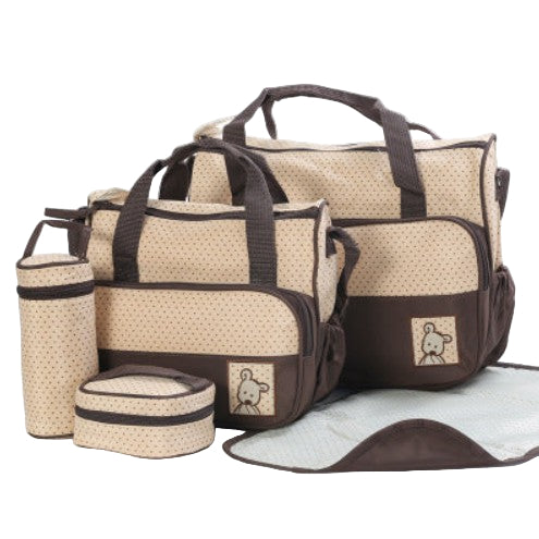 Dark grey Mova Mama Bear 5-in-1 diaper tote bag set with matching accessories and water-resistant lining
