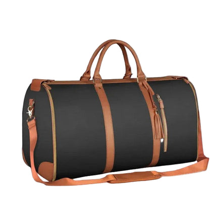 Enhanced Black and Brown Mova Luxe Classic travel duffle with premium PU leather exterior and garment layout