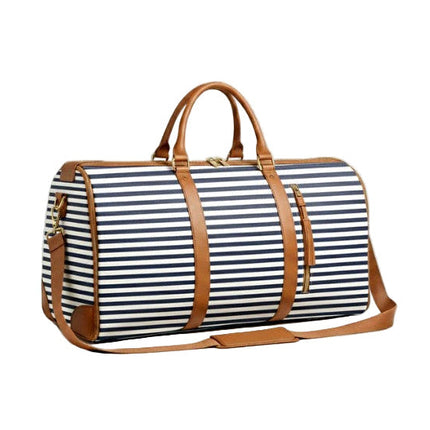 Enhanced black and white stripes with brown straps Mova Luxe Classic travel duffle with premium PU leather exterior and garment layout