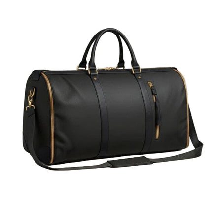 Enhanced black Mova Luxe Classic travel duffle with premium PU leather exterior and garment layout