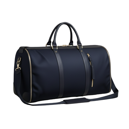 Enhanced navy blue Mova Luxe Classic travel duffle with premium PU leather exterior and garment layout