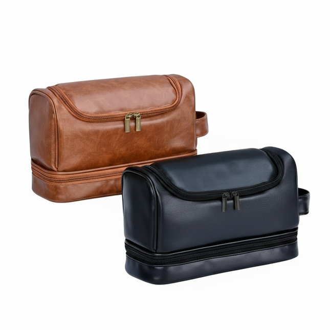 Brown PU leather men's hanging toiletry organizer bag with hook and zipper compartments
