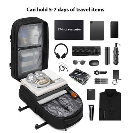 Black Mova Elite Pro-Vac vacuum compression travel backpack with a built in compression system, TSA customs combination lock, wheels and telescopic handle, displaying it can hold 5-7 days of travel items