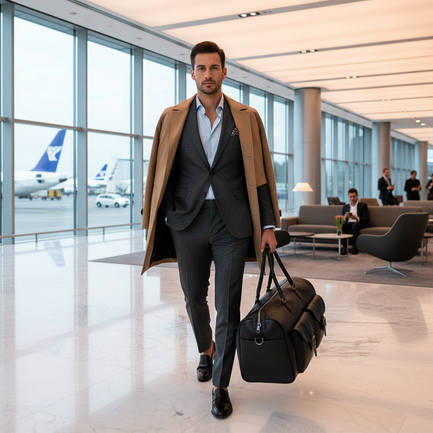 Elegant man walking with exact black Mova Luxe Men's Roller Edition Travel Duffle