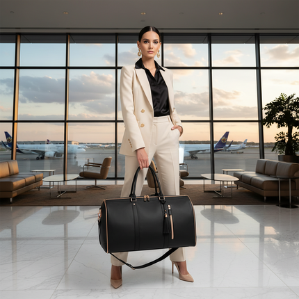 Woman in a beige suit holding a black Mova Luxe Classic travel duffle with premium PU leather exterior and garment layout in an airport terminal.