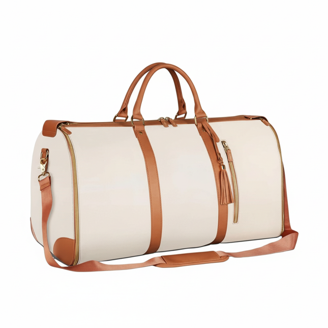 Enhanced beige Mova Luxe Classic travel duffle with premium PU leather exterior and garment layout
