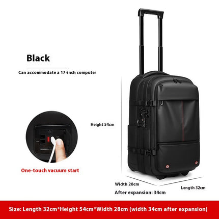 Black Mova Elite Pro-Vac vacuum compression travel backpack with a built in compression system, TSA customs combination lock, wheels and telescopic handle