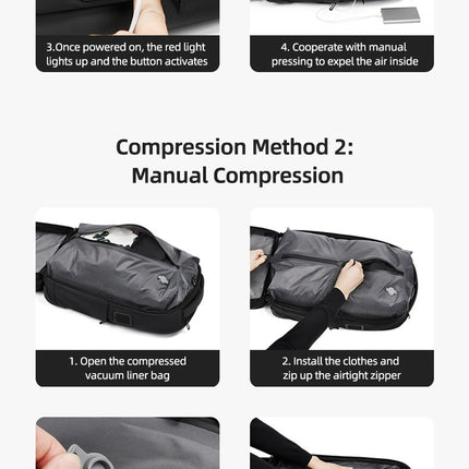 Step-by-step guide on how to use a compression assistant and manual compression method on Black Mova Elite Pro-Vac vacuum compression travel backpack with a built in compression system, TSA customs combination lock, wheels and telescopic handle