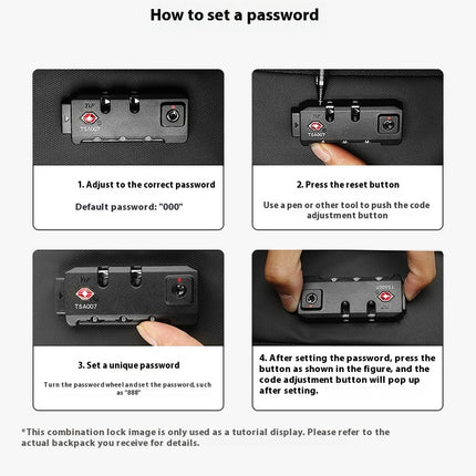 How to set a password on a TSA customs combination lock on a Black Mova Elite Pro-Vac vacuum compression travel backpack with a built in compression system, USB charging port, TSA customs combination lock, wheels and telescopic handle