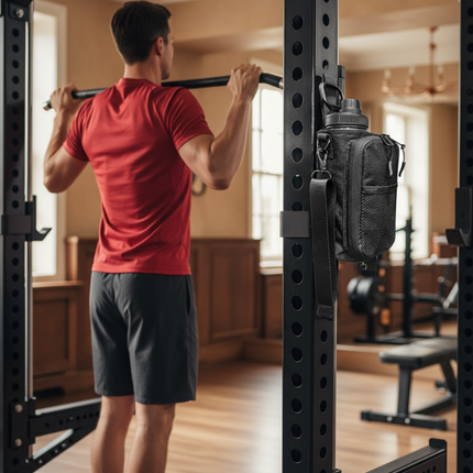 Fit man in red shirt with Magnetic Bottle Bag - close view