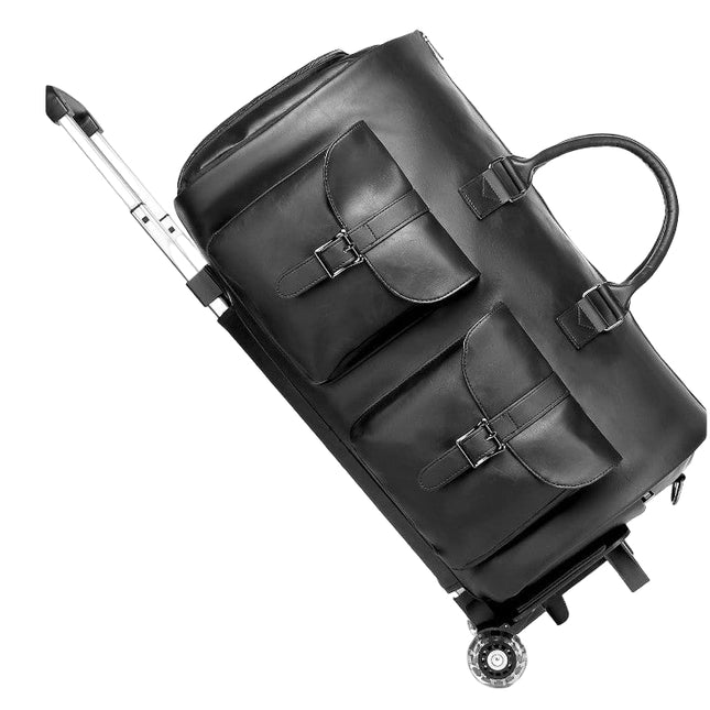 Black Mova Luxe men's rolling travel duffle with detachable wheels and telescopic trolley handle
