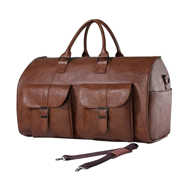 Brown PU leather men's travel duffle bag with convertible garment layout, shoe compartment and shoulder strap
