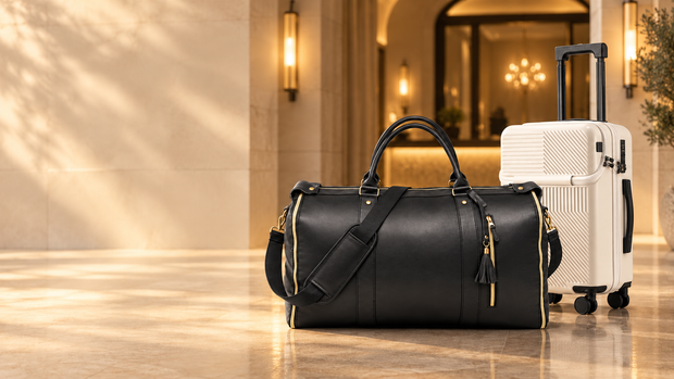 Mova Luxe black travel duffel beside a white carry-on suitcase
