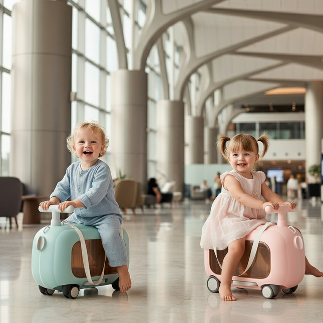 One-year-old toddlers on Mova Kids Ride-On Suitcases