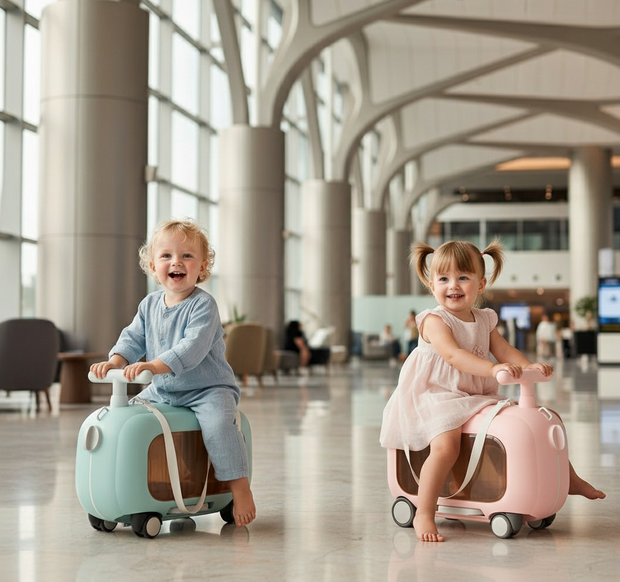 One-year-old toddlers on Mova Kids Ride-On Suitcases