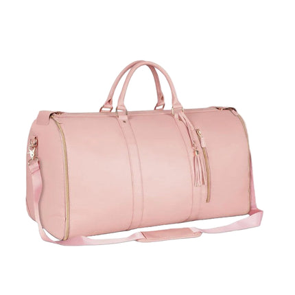 Enhanced pink Mova Luxe Classic travel duffle with premium PU leather exterior and garment layout