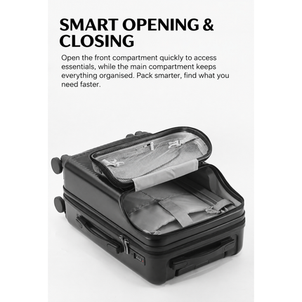 Quick-access front compartment of the black Mova Luxe Smart Carry-On
