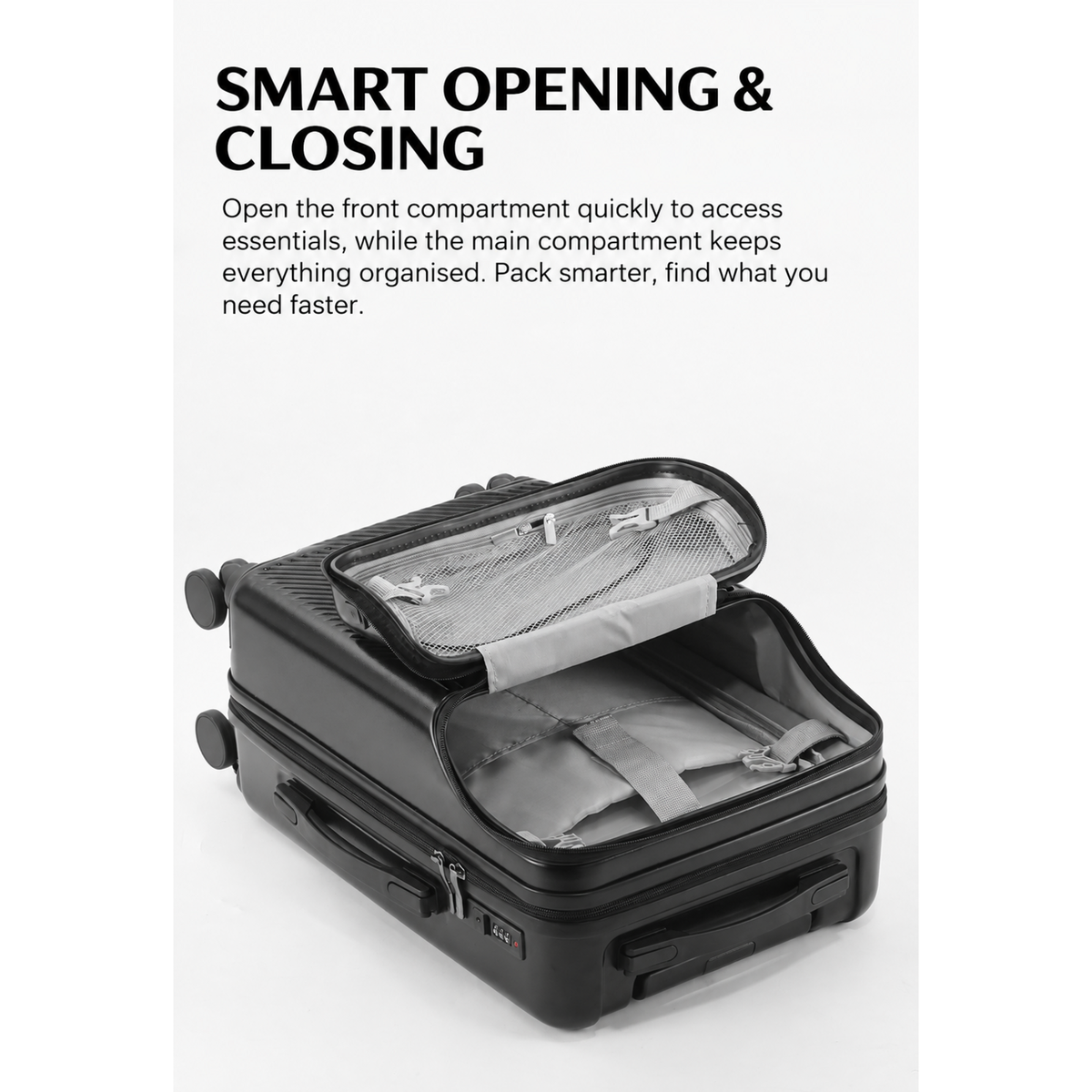 Quick-access front compartment of the black Mova Luxe Smart Carry-On